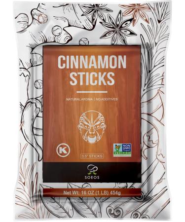 Soeos Cinnamon Sticks 16 oz (454g), Cinnamon, Cinnamon Sticks Bulk, Organic Cinnamon, Organic Cinnamon Sticks, 100% Raw, Non-GMO, Kosher Certified Cinnamon Sticks for Baking, Cooking and Beverages