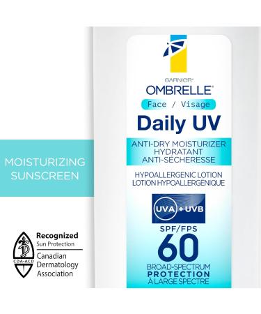 Garnier Ombrelle Daily UV SPF 60 Anti-Dry Lightweight Face Sunscreen Lotion & Moisturizer Broad Spectrum Very High Protection Intense Hydration for Skin Water-Resistant Non-Greasy Hypoallergenic 50ml - Buy Online on GoSupps.com