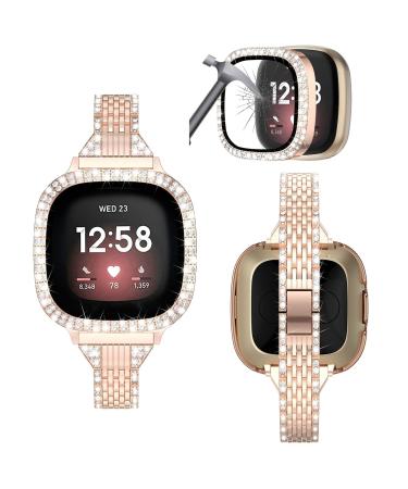 MOFREE Silm Band Compatible with Fitbit Versa 3/Fitbit Sense Band Cute with Screen Protector Case Women , Bling Jewelry Diamond Metal Strap Replacement Compatible for Fitbit Sense/Versa 3 Women Rose Gold