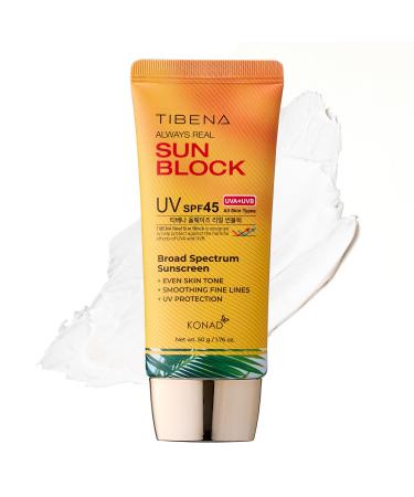 TIBENA Always Real Sun Block SPF 45 Lightweight Korean Face Sunscreen for Daily UV Protection | No White Cast | For Sensitive Oily & Acne-Prone Skin | Non-Greasy Fragrance-Free | 60g