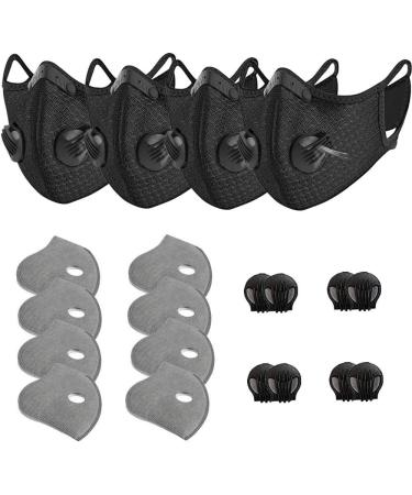 4 Pack Unisex Adjustable Reusable Washable Sport Mask with 8 Carbon Filters and 8 Breathing Valves Black Face Cover for Bicycle Running Riding Cycling Outdoor 4b+8+8pcs