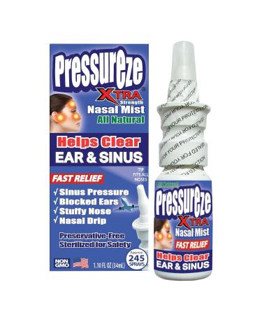 Pressureze Xtra - Natural- Preservative Free - Sterile Nasal Spray - for Severe Sinus Congestion Relief - Opens Blocked Ear Canals, Snoring - 245 Sprays, 34 ml (Pack of 1) 1.1 Fl Oz ( Pack of 1)