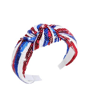 Lanmerry Knotted Headband for Women's Hair 4th of July Hair Accessories Thick Headbands Sequins Kids Headbands Hair Bands Sparkly Headbands Girls Fashion Gifts 0-Red White Blue