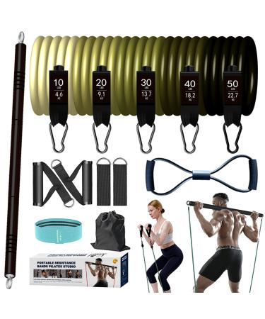 KRIXAM Pilates Bar Kit with Resistance Bands (150LBS), Resistance Bands Set with Bar, Portable Pilates Equipment for Workout Home Gym