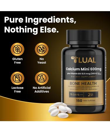 LUAL Calcium Minis 600 mg with Vitamin D3 - Bone & Muscle Support - 150 Mini Softgels - Easy to Swallow - Calcium & D3 for Strong Bones & Mobility - Buy Online on GoSupps.com
