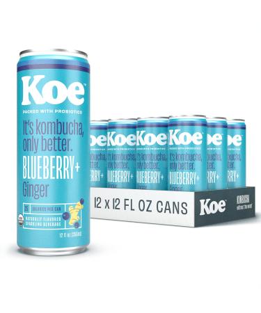 Koe Organic Kombucha Cans, Blueberry Ginger | Sparkling Fruit Drinks With Live Probiotics and Vitamin C | NEW PACKAGING - 12 oz Pack of 12