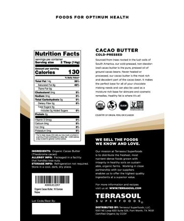 Terrasoul Superfoods Organic Cacao Butter 1 Lb - Raw, Keto, Vegan, Unrefined - Buy Online on GoSupps.com