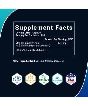 Magnesium Glycinate 500mg High Absorption Chelated Magnesium for Sleep Stress Muscle & Nerve Support Non-GMO Gentle on Stomach 240 Capsules 240 Count (Pack of 1) - Buy Online on GoSupps.com