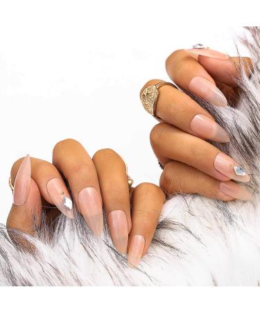 Sethexy long oval false fingernails salmon pink rhombus rhinestone 24th complete cover acrylic you press false nail tips for women and girls