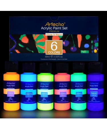 Artecho Glow in the Dark Paint - Set of 6 Colors  59 ml / 2 oz Acrylic Paint for Decoration  Art Painting  Outdoor and Indoor Art Craft  Supplies for Canvas  Rock  Wood  Waterproof  Rich Pigments for Adults  Students  Ki... - Buy Online on GoSupps.com