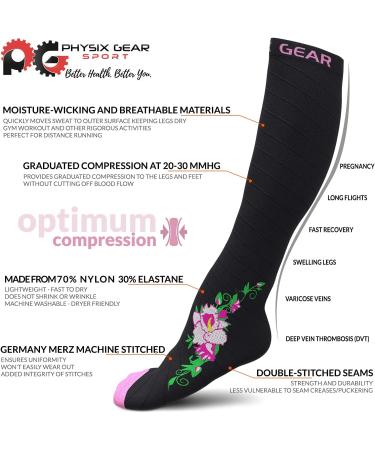 Buy Physix Gear Compression Stockings for Men & Women - Flight Pregnancy & Everyday Comfort | XL-XXL Black & Pink Flower - Buy Online on GoSupps.com
