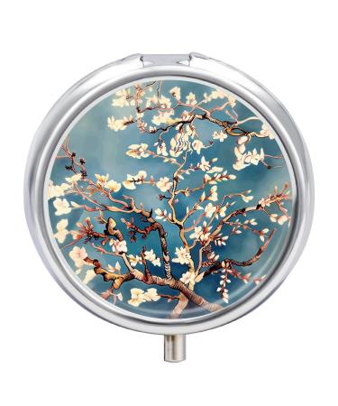Round Pill Box Almond Blossom Print 3 Compartment Medicine Pill Case Print Pill Organizer Decorative Metal Portable Pill Box Pocket Pill Box Style