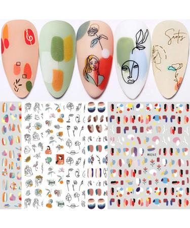 Graffiti Fun Nail Art Stickers, Abstract Nail Decals 3D Self-Adhesive Abstract Lady Face Rose Leaf Nail Design Manicure Tips Nail Decoration for Women Girls Kids(6Sheets)