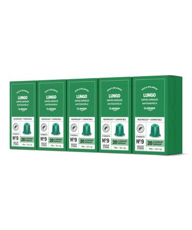 by Amazon Lungo Coffee Capsules Compatible with Nespresso, Aluminum, Medium Roast, 100 Count, 5 Pack of 20 - Rainforest Alliance Certified