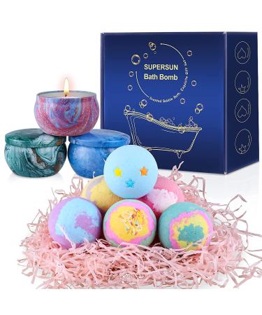 Bath Bombs for Women Mothers Day Birthday Gift Set: 6 Handmade Organic Bubble Bathbombs with 3 Scented Candles  Bath Set Gifts for Women Her Mom Kids Present Blue