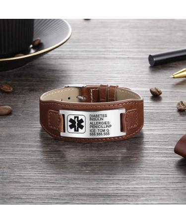 Personalized Waterproof Emergency Medical Bracelets for Men & Women | Leather Allergy ID Wristbands | Custom Rescue Jewelry in Brown - Buy Online on GoSupps.com