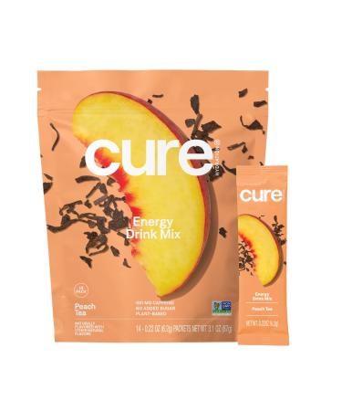 Cure Hydration Performance | Plant-Based Electrolyte Energy Drink Mix | No Added Sugar | Dehydration Relief Powder | 100mg of Caffeine | Non-GMO | Vegan | Pouch of 14 Packets - Peach