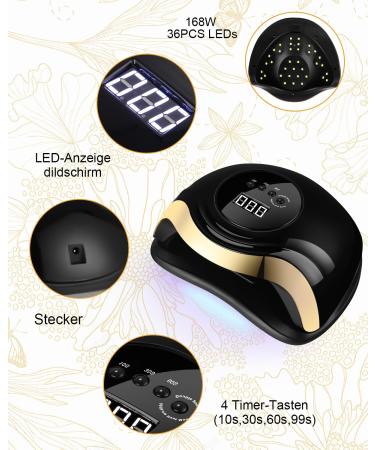 Aokyom 168W UV LED Nail Dryer Lamp - Professional Gel Nail Lamp with 10/30/60/99S Timer & Smart Sensor - Luxury Black Gold for All Gel Nail Polish & Toenails - Buy Online on GoSupps.com