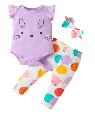 Koonde Baby Girl Clothes Newborn to 24 Months 3-piece Baby Girl Outfits Romper Trouser & Headband 18-24 Months Purple + White
