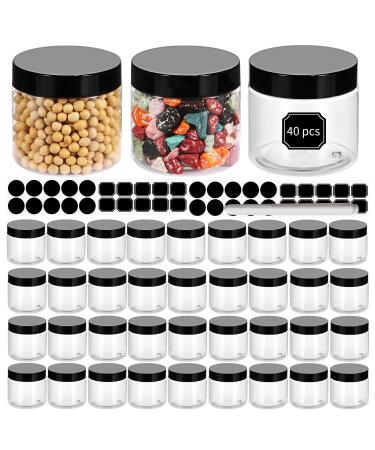 40 Pack 180ml 6 oz Empty Clear Plastic Jars with Black Lids, Refillable Round Containers for Slime,Beauty Products, powder, Cream, Scrubs, Cookie,Dried Fruit. Include 1 Pen and 80 Labels. 6oz- 40 Pack