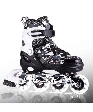 Kuxuan Skates Adjustable Inline Skates for Kids and Youth with Full Light Up Wheels Camo Outdoor Roller Blades Skates for Girls and Boys Beginner Black Came Large(Kids 3-6 US)