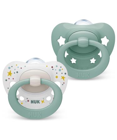 Nuk signature baby pacifier |0 6 months |Calms 95 % of the babies |BPA-free silicone pacifier in heart shape |With etui |Green stars |2 pieces of 0-6m standard green - Buy Online on GoSupps.com