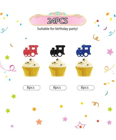 Train Cupcake Toppers Railroad Party Cake Decor Red&Blue Glitter Cake Decorations for Boy's Birthday 1st Birthday/Steam Train Theme Party Supplies - 24pcs - Buy Online on GoSupps.com
