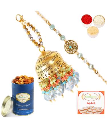 Ghasitaram Gifts Rakhis Online - Rakhi for Brother-RM-270 Bhaiya Bhabhi Rakhi with 100 GMS of Dryfruits Mix Can 200 GMS of Kaju katli Rakhi Set & 100g Dryfruits Mix Can 200g Kaju katli