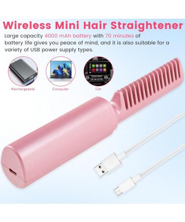 Hair Straightener Comb - Portable 4000mAh Electric Straightening Brush with Display 3 Temperature Settings Anti-Scald - Pink Color - Buy Online on GoSupps.com