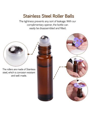 PrettyCare 10ml Amber Glass Roller Bottles - 12 Pack with 2 Extra Roller Balls, 24 Labels, Opener, 2 Funnels | Essential Oil Roll on Bottles for Aromatherapy - Buy Online on GoSupps.com
