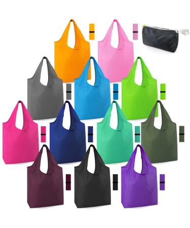 BeeGreen 12 Pack Bulk Reusable Grocery Bags Multicolor Durable Machine Washable Grocery Bags for Shopping X-Large 50LBS Heavy Duty Folding Reusable Bags Totes with Zipper Storage Bag Fresh Green, Mint, Orange, Sky Blue, Army Green, Gray, Navy Blue, Black,