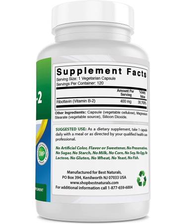 Best Naturals Vitamin B2 400mg - Migraine Relief Veggie Capsules - Coenzyme Precursor - 120 Count Pack - Riboflavin Supplement - Buy Online on GoSupps.com