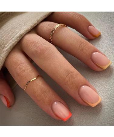 24pcs French False Nails Short Stick on Nails Red Yellow Tip Press on Nails Removable Glue-on Nails Fake Nails Women Girls Nail Art Accessories 0252Y53