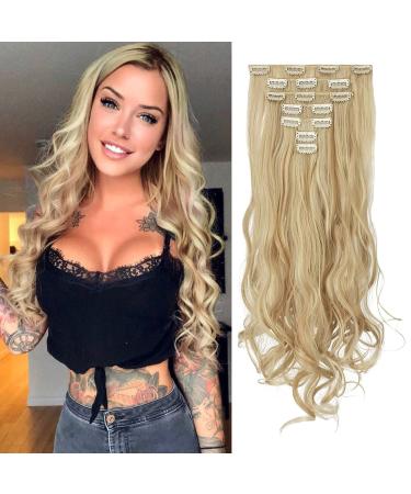 Feshfen clip in extensions 7 parts set 16 clips wavy hair extension clips hair part extensions synthetics wavy clip in hair exension light blonde bleach blonde hair parts for women 50cm 18h613# light blonde mixed bleach blonde-loose 50 cm (1 Pack)