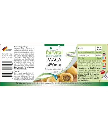 Fairvital | Maca 450mg Strong - with 4500mg of maca root per daily dose - Anti-stress Invigorating & Energy - High dosed - VEGAN - 60 capsules - Buy Online on GoSupps.com
