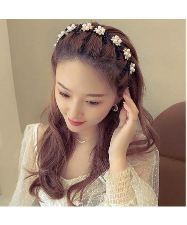 Tseenyi pearl hairpin hair band layered pony hair needle card edition marry baroque crystal pearle headband jewelry for women and girls Valentine's Day (black) pearl 1