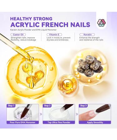 Saviland French Acrylic Nail Kit with Keratin Powder, Castor Oil, Vitamin E, EMA Monomer, Nail Primer, Glue, 84 French Tips, Pink Rhinestones - Complete Nail Tools Set for DIY Home Salon - Buy Online on GoSupps.com