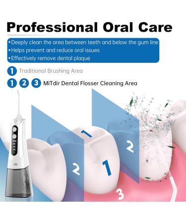 MiTdir Water Dental Flosser Oral Irrigator | 5 Jet Tips, 4 Modes, IPX7 Waterproof, 300ML Tank | Portable Cordless Teeth Cleaner - White - Buy Online on GoSupps.com