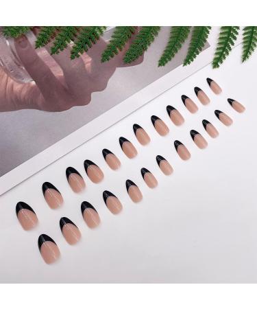 Almond False Nails Short 24Pcs in Black French Design - Elegant Stick on Nails for Women and Girls - Buy Online on GoSupps.com