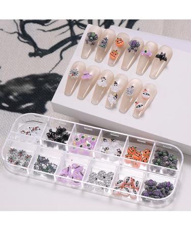 12 Grid Halloween Nail Charms Rhinestones Cute Spider Pumpkin Bat Resin Nail Art Supplies for Acrylic Nails Ghost Spider Web Eyes Resin Nail Gems Charms Nail Jewelry for Women Halloween DIY Nail Decor
