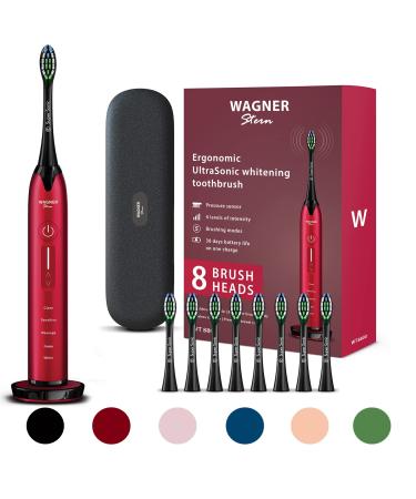 Wagner & Stern Ultrasonic whitening Toothbrush with Pressure Sensor. 5 Brushing Modes and 4 Intensity Levels with 3D Sliding Control, 8 Dupont Bristles, Premium Travel Case. Burgundy