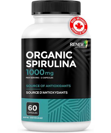 Renew Actives Organic Spirulina 1000MG per 2 Capsules Superfood for Men & Women Supports Energy, Wellness & Immune Function Rich in Antioxidants & Nutrients Made in Canada 60 Capsules - Buy Online on GoSupps.com