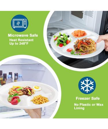 SUT 3 Compartment Plates Disposable 100-Pack - 9 Inch Heavy-Duty White Paper Plates | Biodegradable & Made of Natural Sugarcane Fibers - Buy Online on GoSupps.com