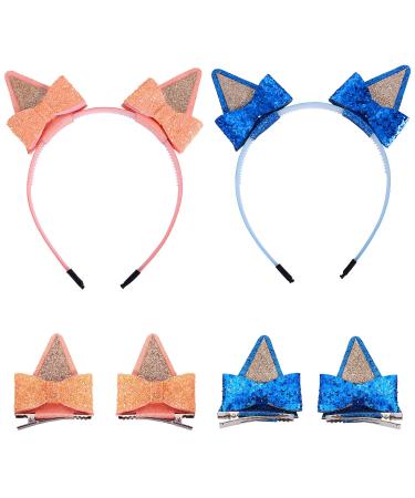 2 Pairs Blue Dog Ears Hair Bow Clips for Toddler Kids Glitter Headband Halloween Costume Accessories Animal Cosplay Birthday Party Supplies for Bluey Dress Blue Orange