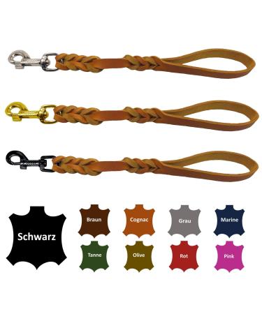 Dog liner/short guide leather hand braid for medium and large dogs (cognac 40cm hook: chrome (silver)) 40cm hooks: chrome (silver) cognac
