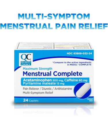 Quality Choice Menstrual Complete Max Strength Period Pain Relief, 500 mg of Acetaminophen, 60mg of Caffeine, 15mg of Pyrilamine Maleate, Cramps, Bloating, Headache. 24 Count. - Buy Online on GoSupps.com