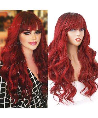 HELENE Hair Burgundy Red Wig Ombre Wine Red Long Wavy Loose Wavy Wigs with Bangs Loose Curly Wig with Dark Roots Synthetic Heat Resistant Wig Full Machines 24 Inches Daily Cosplay Wig for Black Women