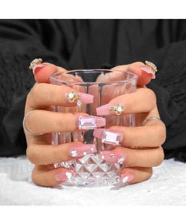 Sethexy Handmade Long Coffin False Nails - Luxury Rhinestone Glitter & 3D Heart Pearl Design - Acrylic Press-On Nails for Women & Girls - Buy Online on GoSupps.com