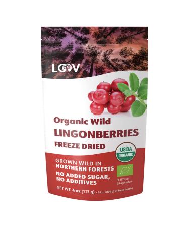LOOV Freeze Dried Organic Wild Lingonberries, No Sugar Added, 100% Dried Whole Fruit Lingonberries, Wild-Crafted from Northern European Forests, 4 Ounces, 23-Day Supply, Raw, Non-GMO
