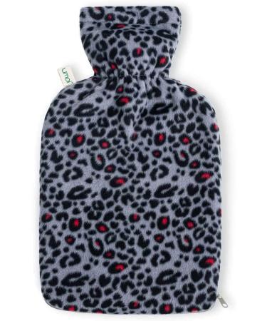 Premium hot bottle 2 liters with a cozy fleece reference in leopard look with extra inner lining and zipper - BS1970: 2012 certified - T V Rheinland tested